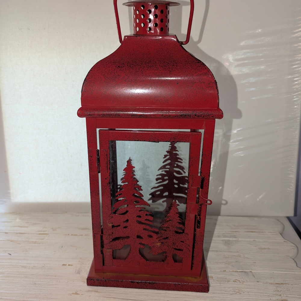 Festive Red Lantern with Tree Design